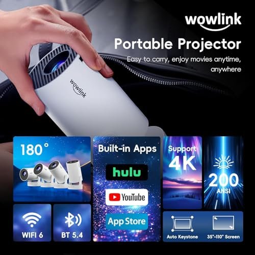 Wowlink - Mini Beamer 4K Full HD 1080P 2026 Neueste Eingebaute Apps 1080P FHD WiFi 6 BT 5.4 Auto Screen Keystone Korrektur Sm